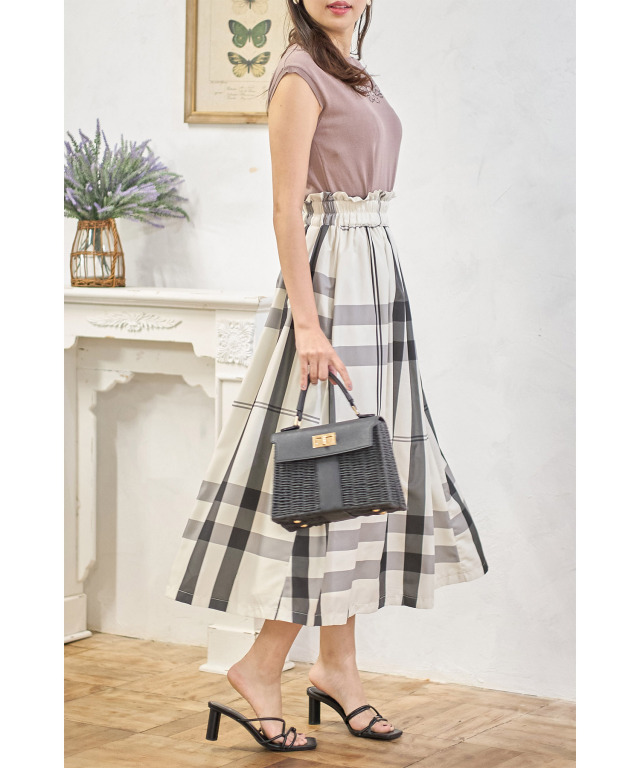 ウエストシャーリングチェックタフタフレアスカート 