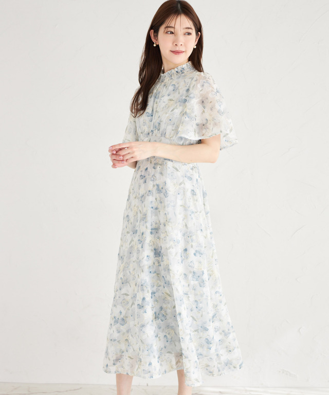 フラワープリント×ジャガード×金刺繍フレアスリーブシャーリングワンピース