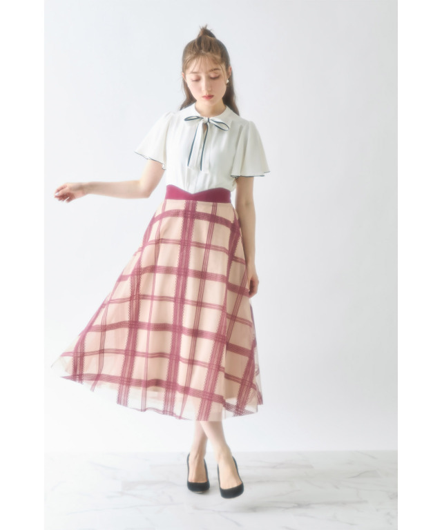 フロッキーラインレースチェックチュールフレアスカート