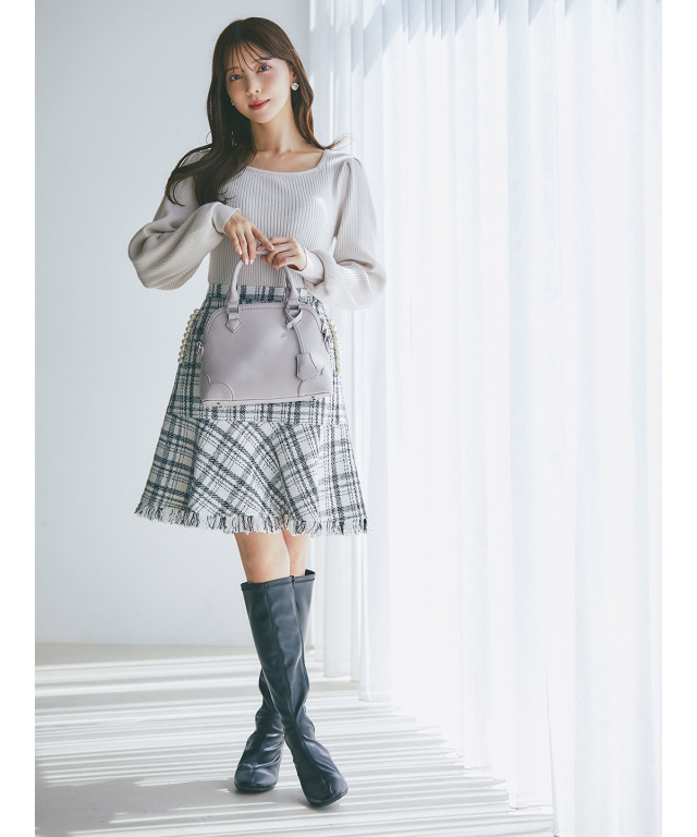 ポケットパール付き裾フリンジツイードミニスカート 