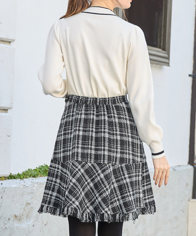 ポケットパール付き裾フリンジツイードミニスカート 