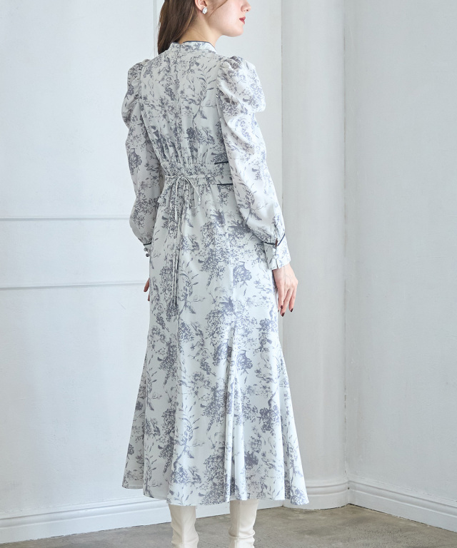 りぼん付きスタンドカラークラシカルフラワープリントマーメイド  