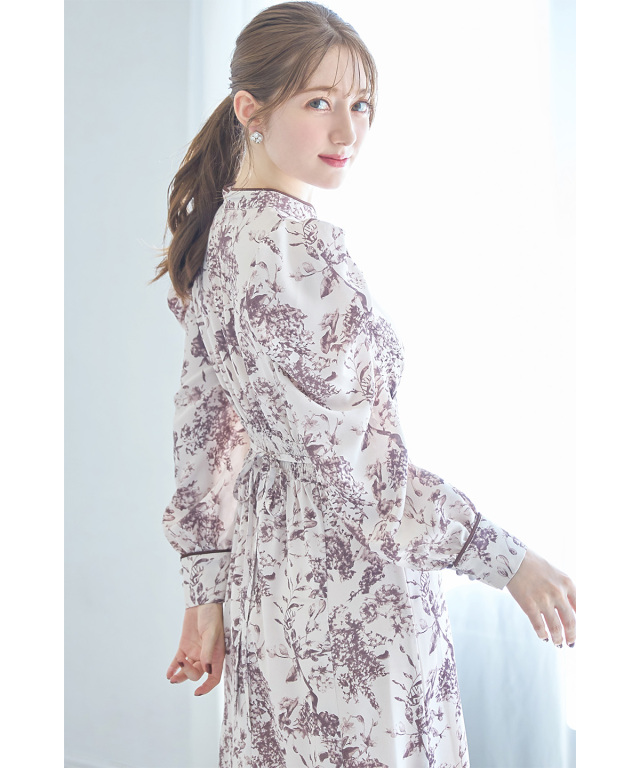 りぼん付きスタンドカラークラシカルフラワープリントマーメイド  