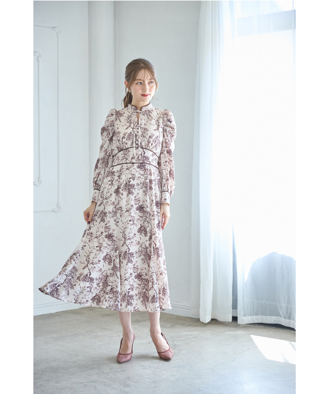 りぼん付きスタンドカラークラシカルフラワープリントマーメイド  