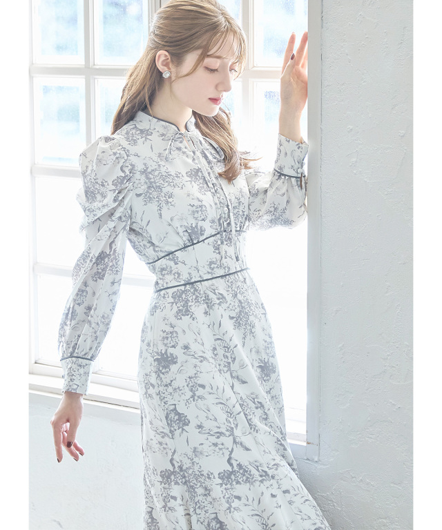 りぼん付きスタンドカラークラシカルフラワープリントマーメイド  