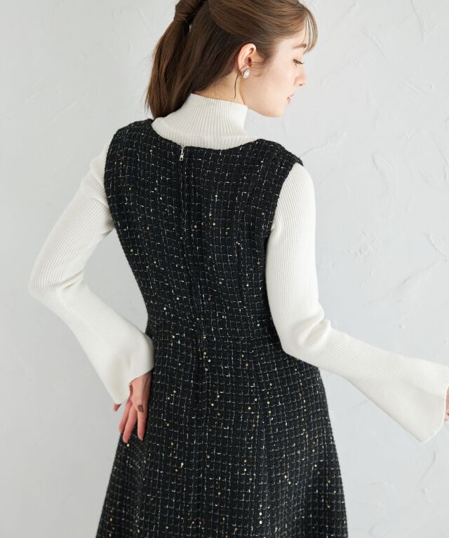 ポケットパールビジュー付きスパンコールツイードワンピース 