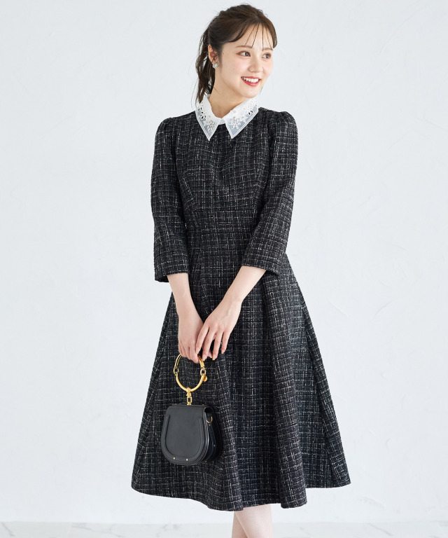 レース襟付きバックレースアップツイードワンピース 