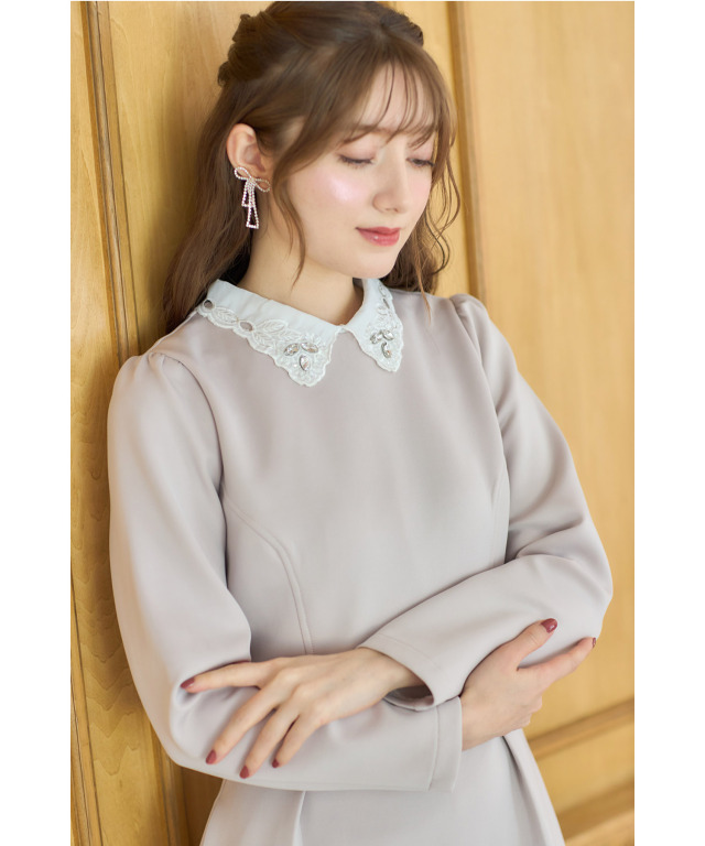 2WAYビジュー×レース襟付きダンボールワンピース 