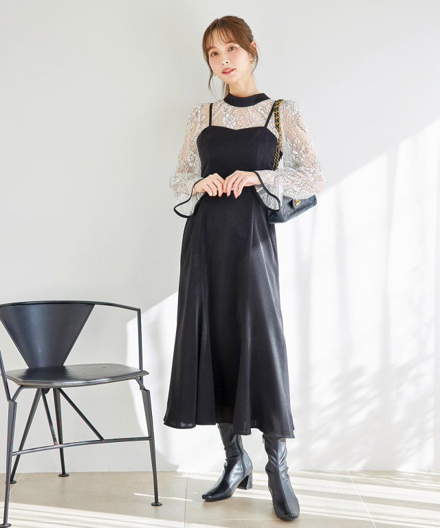 マルチWAY 配色レーストップス＆マーメイドサテンキャミワンピース  