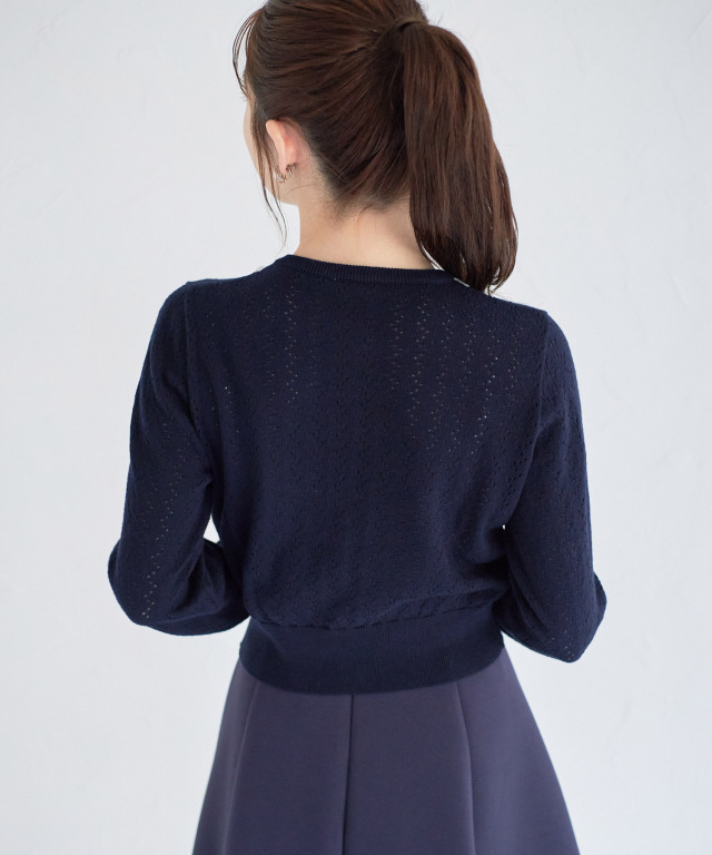 パールビジュー付きレース装飾透かし編みニットカーディガン 