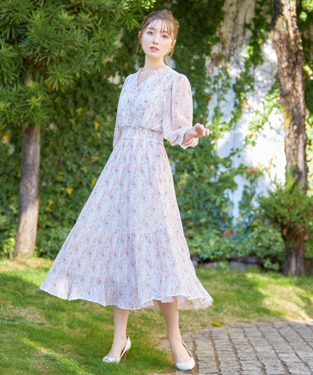 ウエストシャーリングニュアンスフラワーシフォンプリーツワンピース 