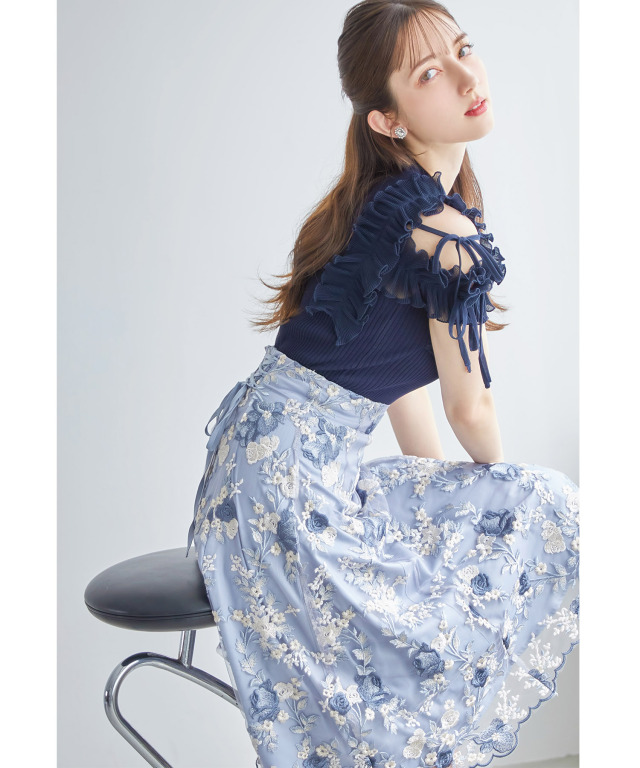 バックレースアップフラワー刺繍フレアスカート 