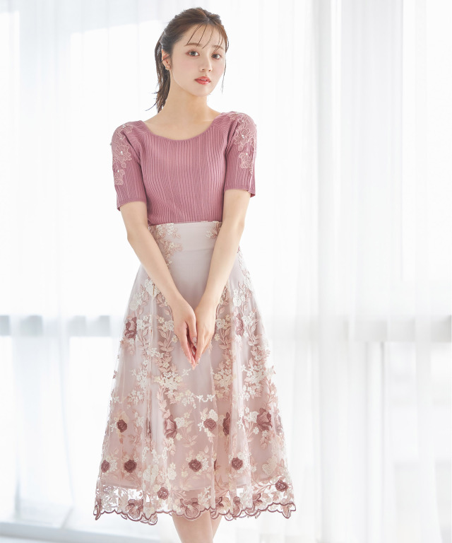 バックレースアップフラワー刺繍フレアスカート 
