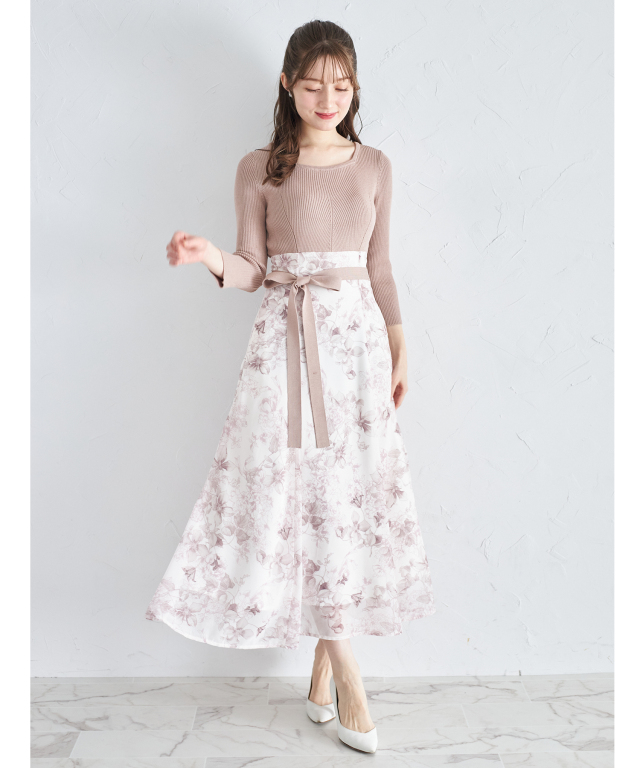 ウエストりぼん付きリブニット×フラワープリントドッキングワンピース