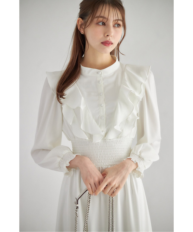 ラッフルフリル付きスタンドカラーシャーリングワンピース 
