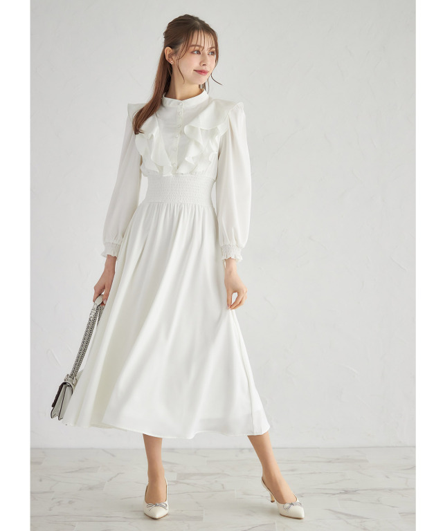 ラッフルフリル付きスタンドカラーシャーリングワンピース 