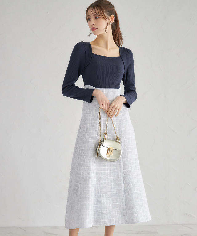 バックレースアップリブニットソー×ツイードドッキングワンピース 