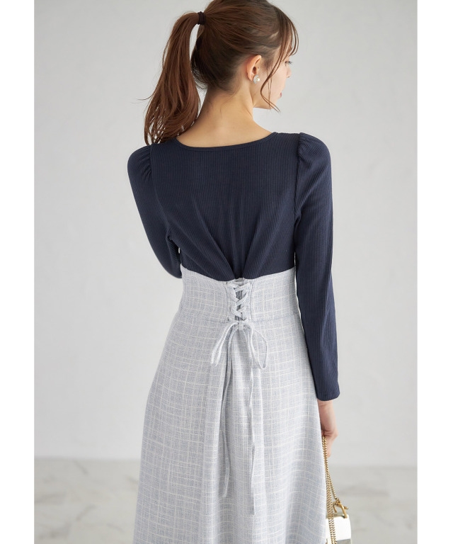 バックレースアップリブニットソー×ツイードドッキングワンピース 