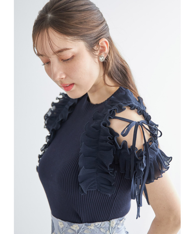 りぼん付きプリーツシフォンフリル切り替えリブニットプルオーバー