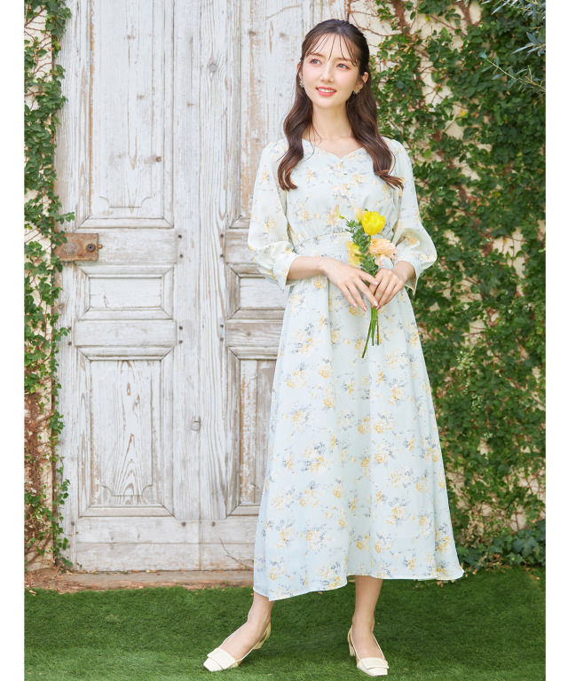 フロント飾り釦付きウエストシャーリングフラワープリントワンピース 