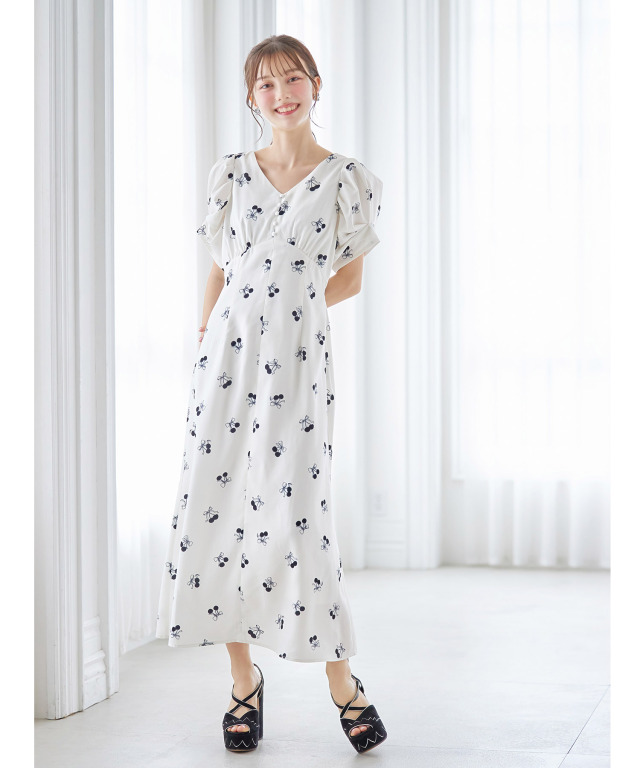 後ろりぼん付きチェリー×リボンプリント袖コンシャスワンピース