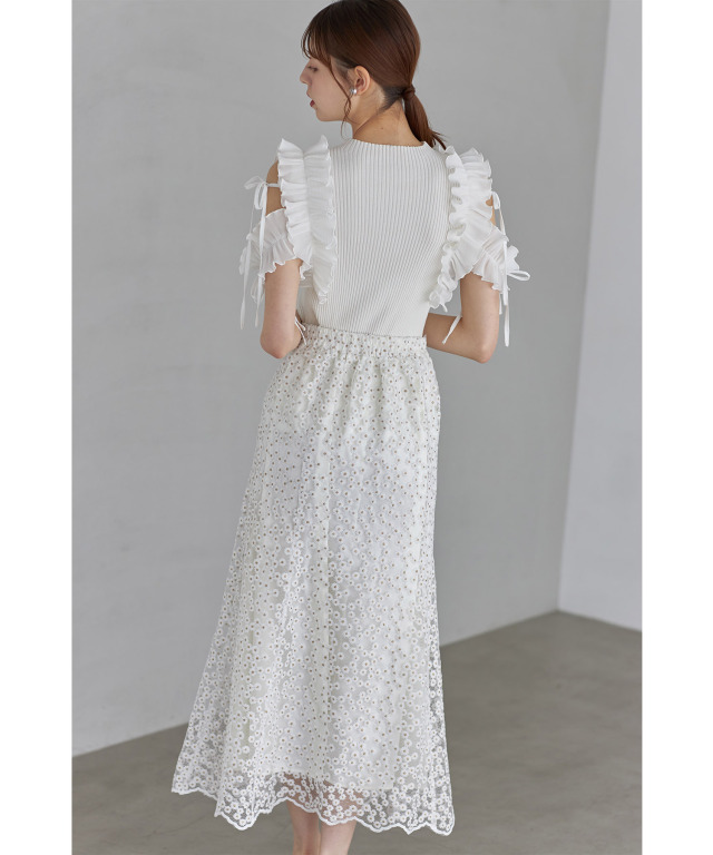 金糸入りフラワー刺繍セミマーメイドスカート 