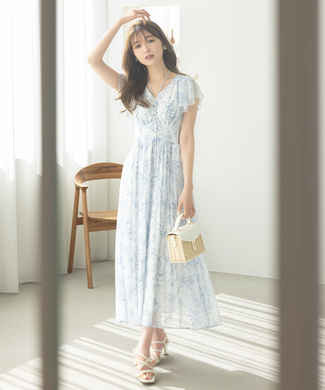 パール付きネックリボン水彩ラインフラワープリーツワンピース 