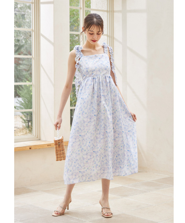 肩フリルリボン水彩フラワープリントマキシワンピース 