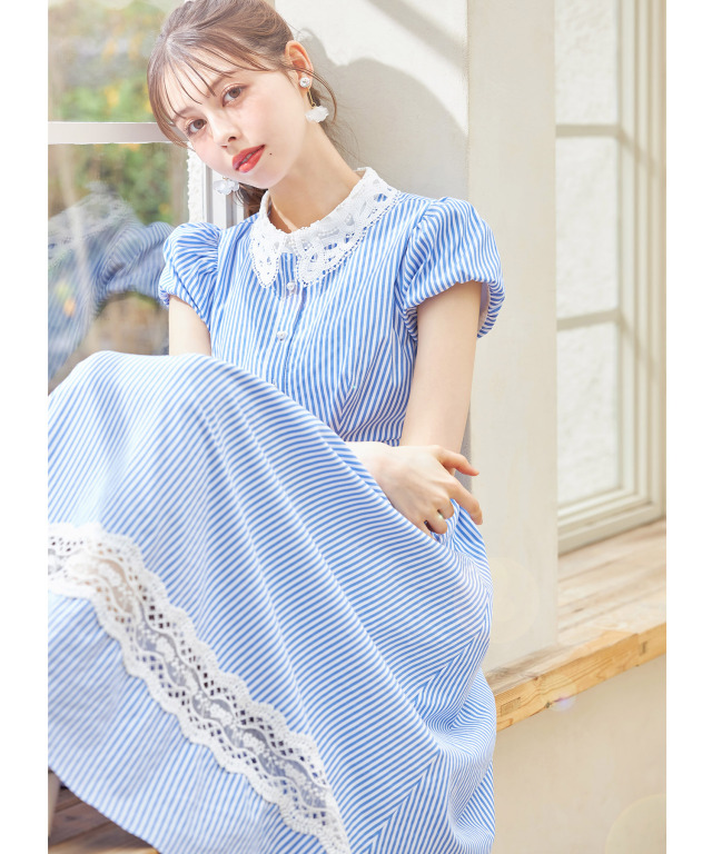パール釦レース×ストライプシャツワンピース 