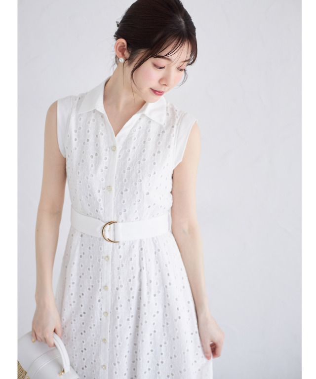 ベルト付き花釦フラワーコットンレースシャツワンピース 