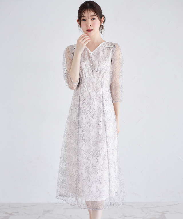 ウエストりぼん付き配色レースワンピース 