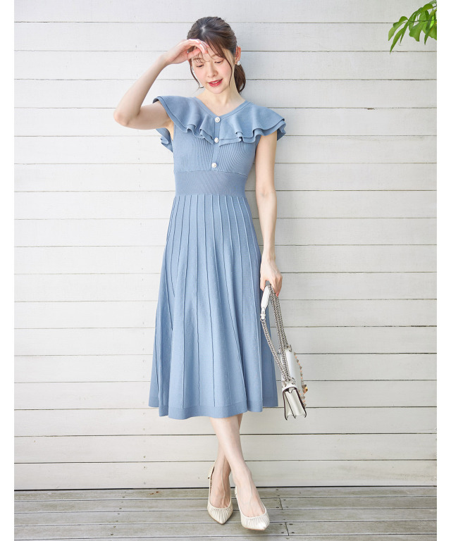 パール飾り釦付きラッフルフリルリブニットワンピース