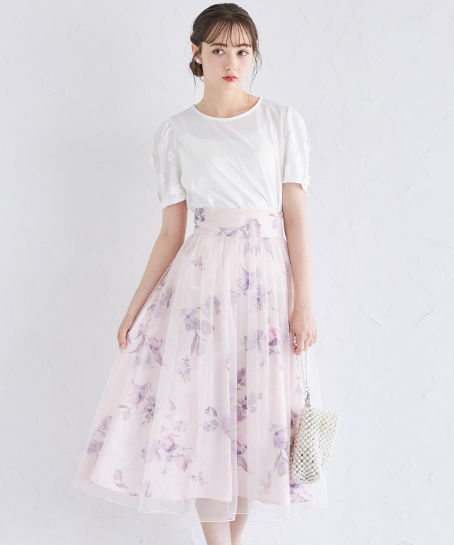 バックレースアップチュール×フラワープリントフレアスカート 