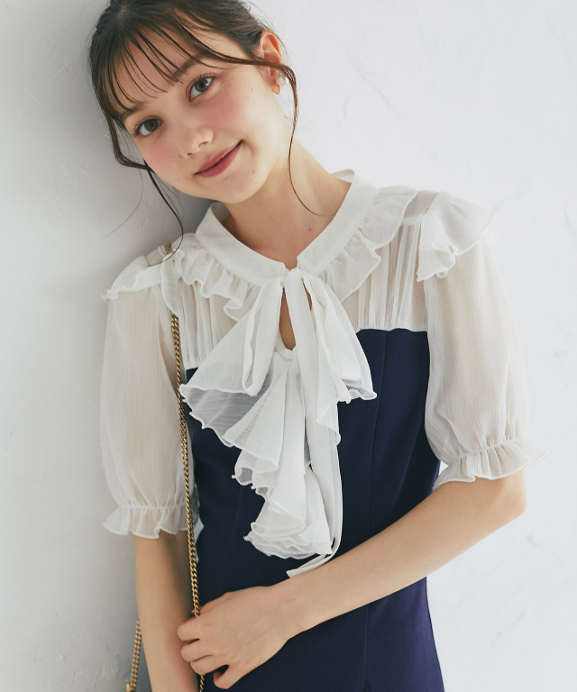 GOLDS∞infinity♡タグ付き♡ラッフルフリル胸元おりぼんワンピ♡金ラメ りぼん付きラッフルフリルキャンディースリーブ配色ワンピース