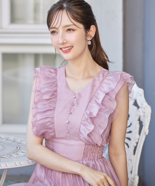 ウエストシャーリングチュールフリルプリーツワンピース