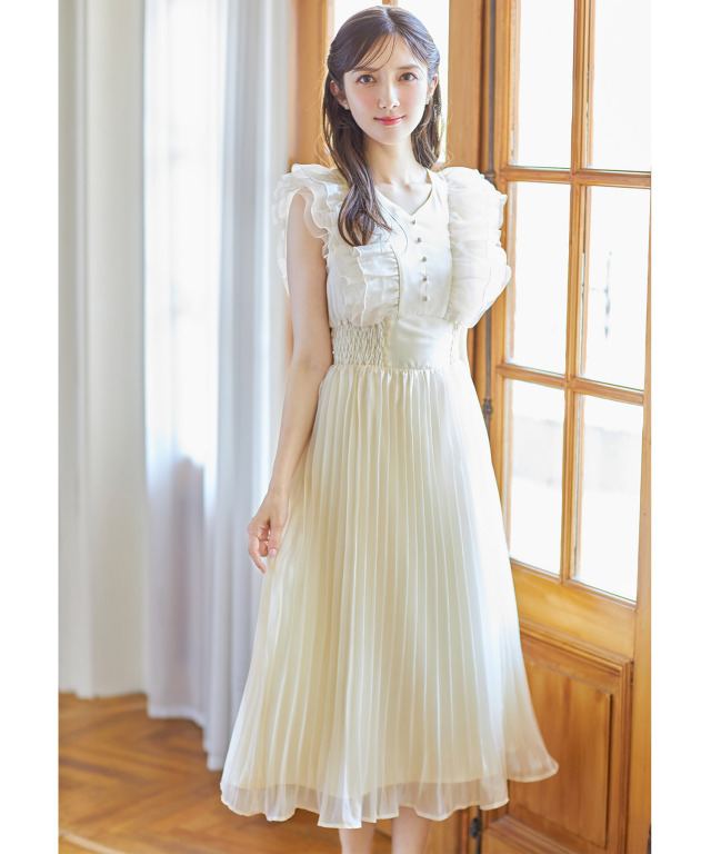 ウエストシャーリングチュールフリルプリーツワンピース 