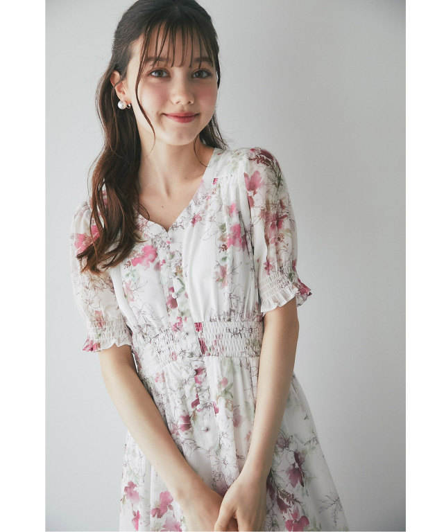 フロント飾り釦付きシャーリング水彩フラワープリントワンピース 