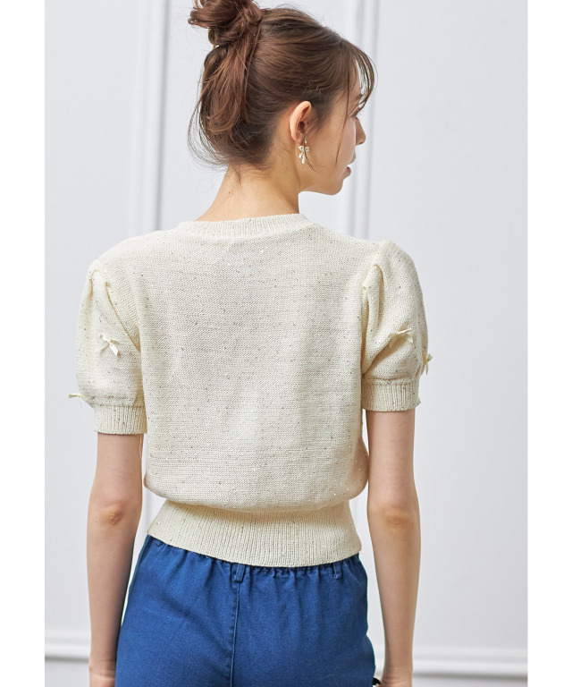 新品✨カデュネ　リボンラメカーディガン　半袖　前後2way　ブルー　M 新品✨カデュネ リボンラメカーディガン 半袖 前後2way ブルー M