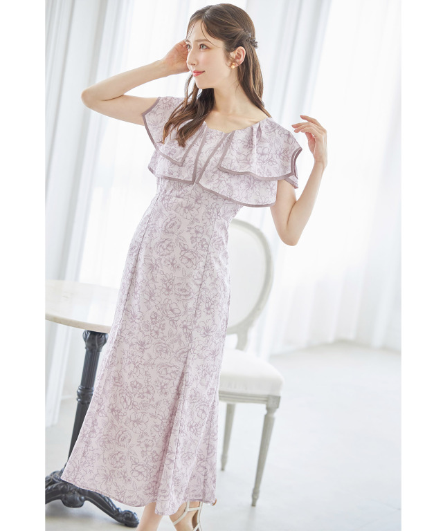 バックレースアップパイピングビックカラーフラワープリントマーメイド  