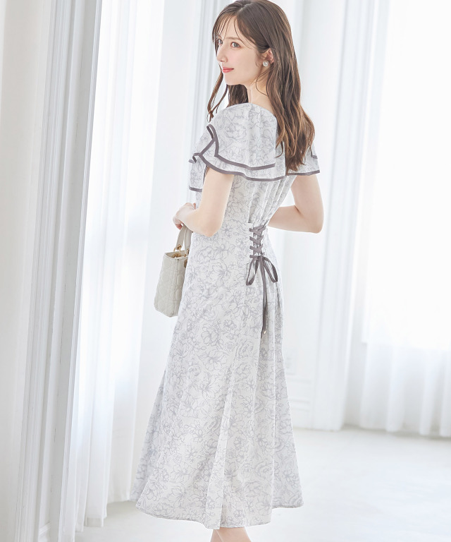 バックレースアップパイピングビックカラーフラワープリントマーメイド  