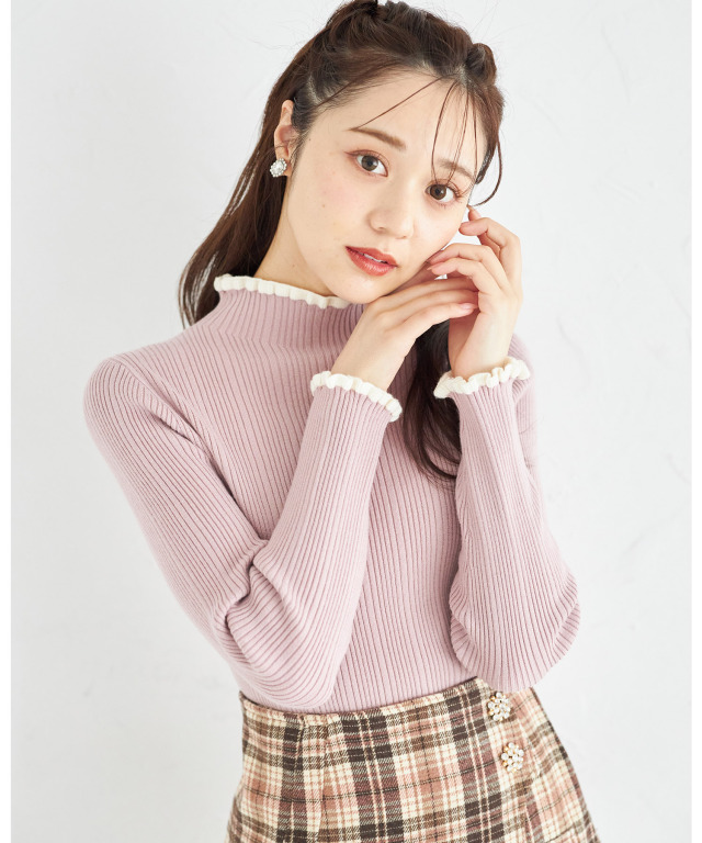 フリル配色マシュマロタッチリブニットプルオーバー