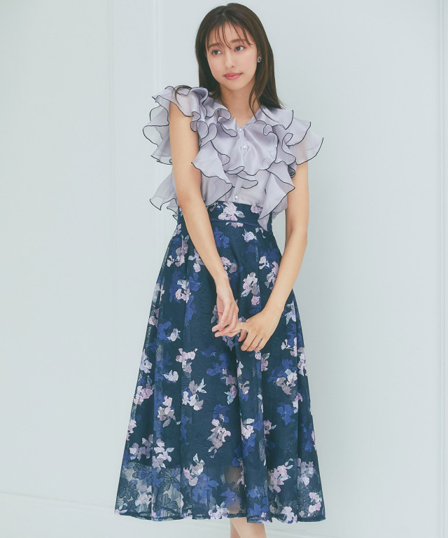 ウエストライン入りフラワープリントレースフレアスカート 