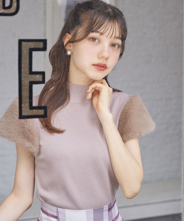 ファースリーブ切り替えニットプルオーバー　ブラック トッコクローゼット tocco closet ファースリーブ切り替えニット