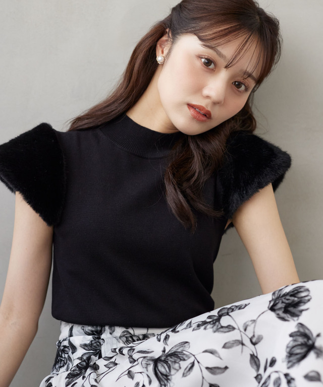 ファースリーブ切り替えニットプルオーバー　ブラック トッコクローゼット tocco closet ファースリーブ切り替えニット