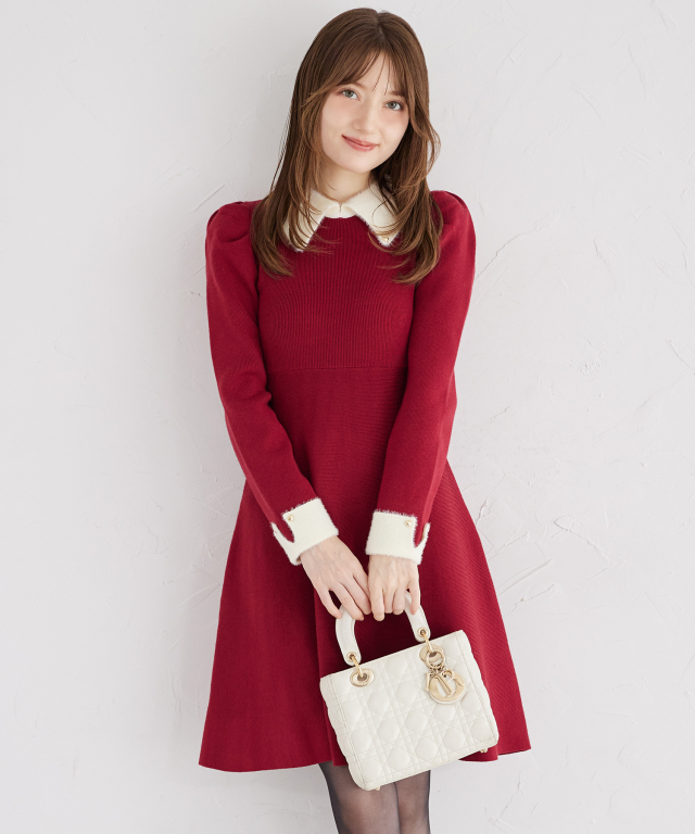 襟付き配色シャギー切り替えハート飾り釦リブニットワンピース