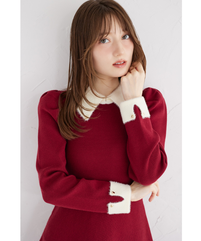 襟付き配色シャギー切り替えハート飾り釦リブニットワンピース