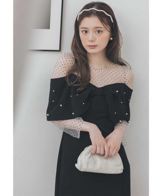 フロッキードットチュール切り替え2WAYリボンオフショル風  