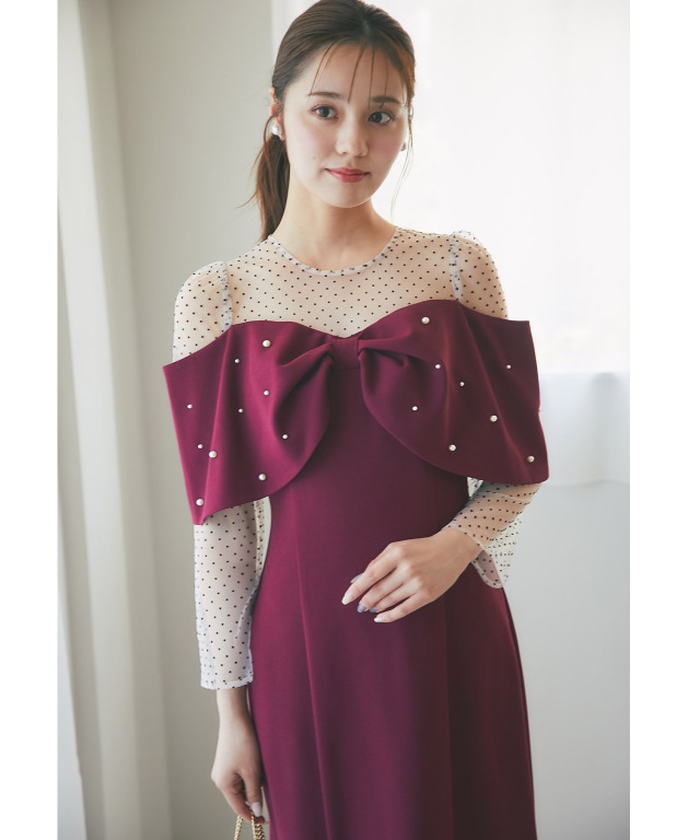 フロッキードットチュール切り替え2WAYリボンオフショル風  