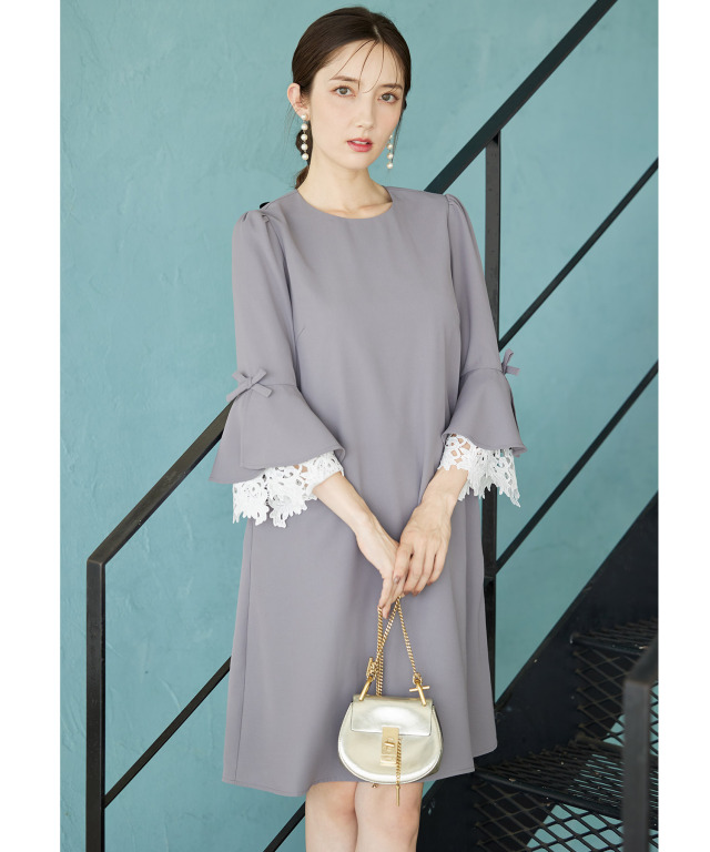 リボン付き袖口カットワークレースAラインワンピース 