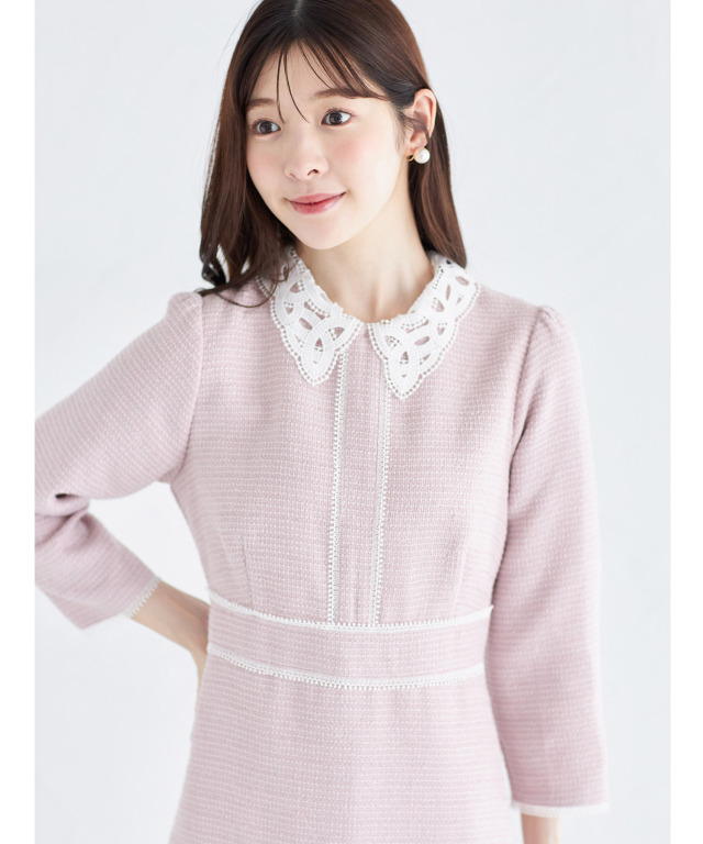 2WAYレース襟付きラインレース×ツイードワンピース 